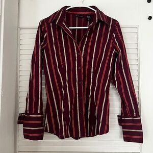New York & Company Burgundy Y2K Holiday Striped Button Up Shirt Small